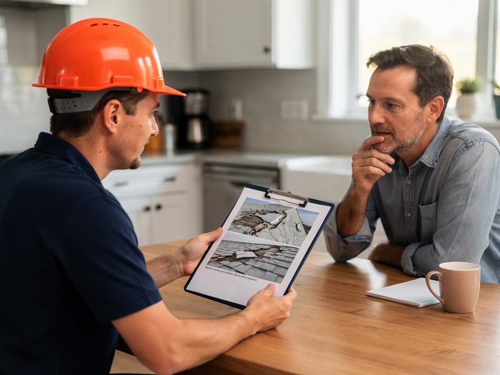 Roofer helping homeowner with insurance paperwork
